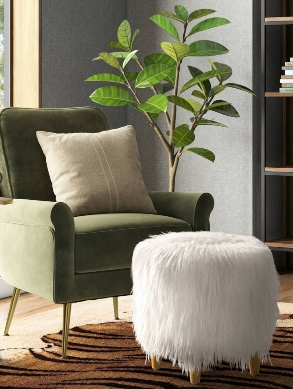 New in box! Threshold Holley Mongolian Faux Fur Wood Cream Shaggy Round Ottoman